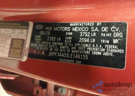 2020 Kia Forte Gt-Line z USA, uszkodzony, nr VIN 3KPF34AD3LE146155